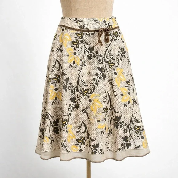 Vintage Floral Boho 100% Silk Midi Skirt Sz 10 Brown Cottagecore Preppy Granola - Picture 1 of 10
